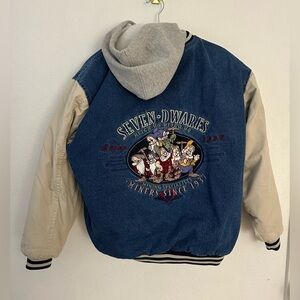 DISNEY Seven Dwarves Denim Bomber Jacket VTG 90s Embroidered Coat Jean Med Hood